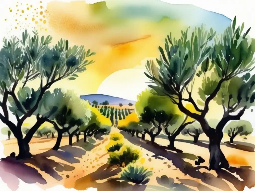 Impacto económico del cultivo de olivos en Marruecos: ilustración acuarela de un hermoso olivar en Marruecos