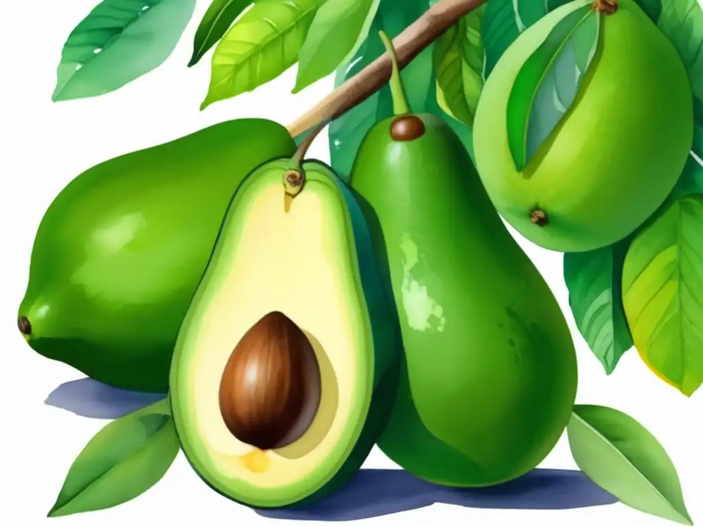 Beneficios medicinales del aguacate en México: pintura acuarela de un exuberante huerto de aguacates, invitando a explorar sus propiedades nutritivas