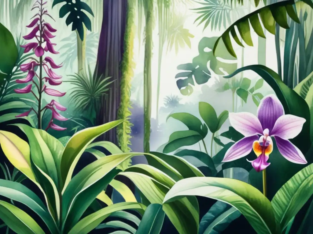 Ilustración acuarela: selva tropical vida exuberante