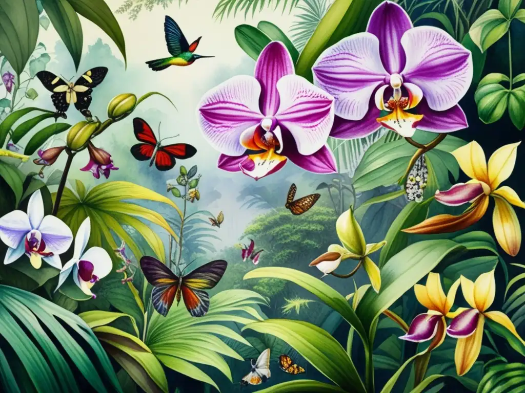 Pintura acuarela detallada de selva tropical con orquídeas exóticas y sus polinizadores - Beneficios de las plantas con insectos