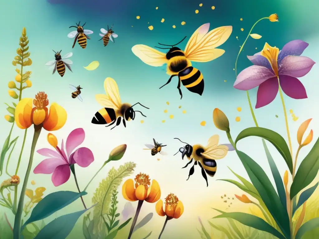 Beneficios mutualismos plantas y abejas: escena encantadora ilustración acuarela, orquídeas coloridas y abejas delicadas en meadow