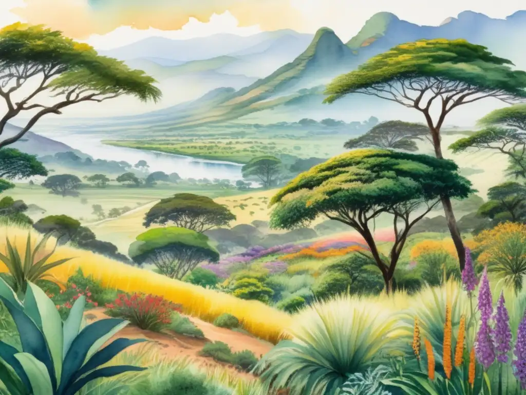 Pintura acuarela detallada de paisaje africano con plantas endémicas vibrantes