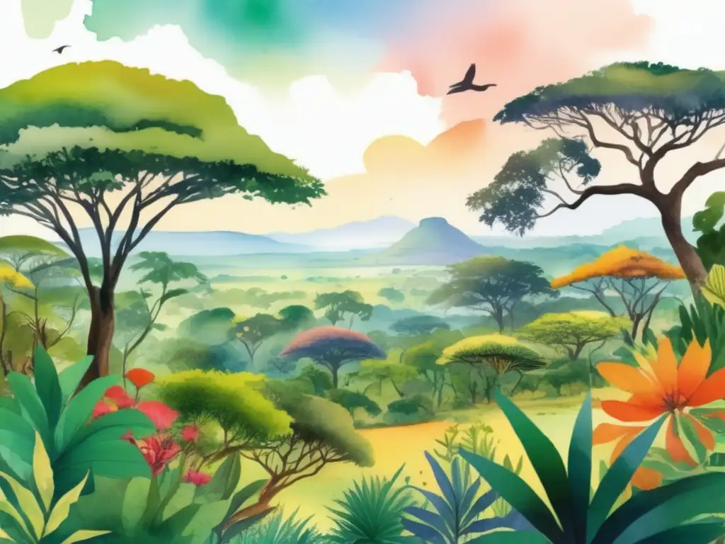 Ilustración acuarela de paisaje africano con plantas medicinales: patrimonio cultural curativo