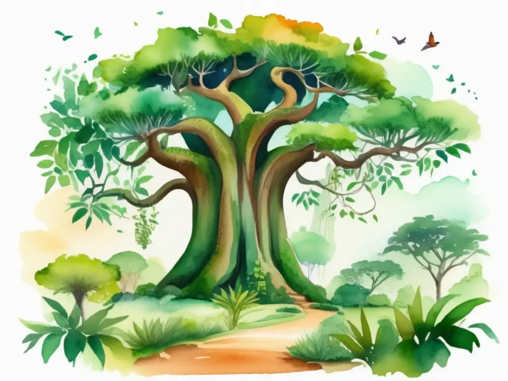 Ilustración acuarela vibrante de paisaje africano con plantas trepadoras y un baobab majestuoso