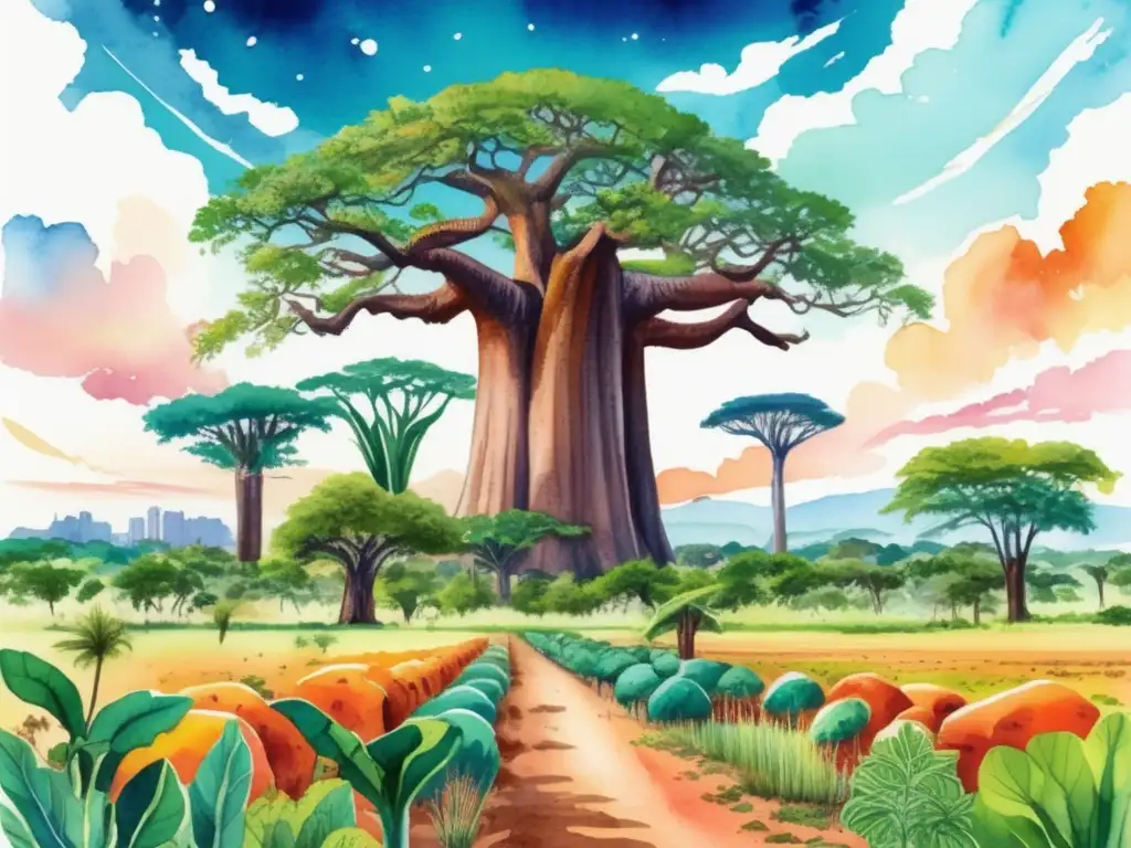 Beneficios ambientales de la flora africana: paisaje africano exuberante con baobabs, vegetación verde vibrante y plantas comestibles