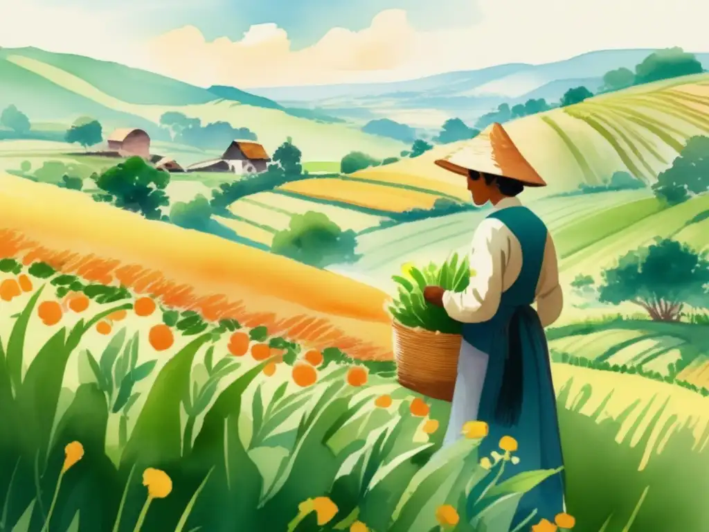 Beneficios de la manipulación genética en agricultura: ilustración acuarela de paisaje agrícola exuberante con cultivos vibrantes y mejora genética