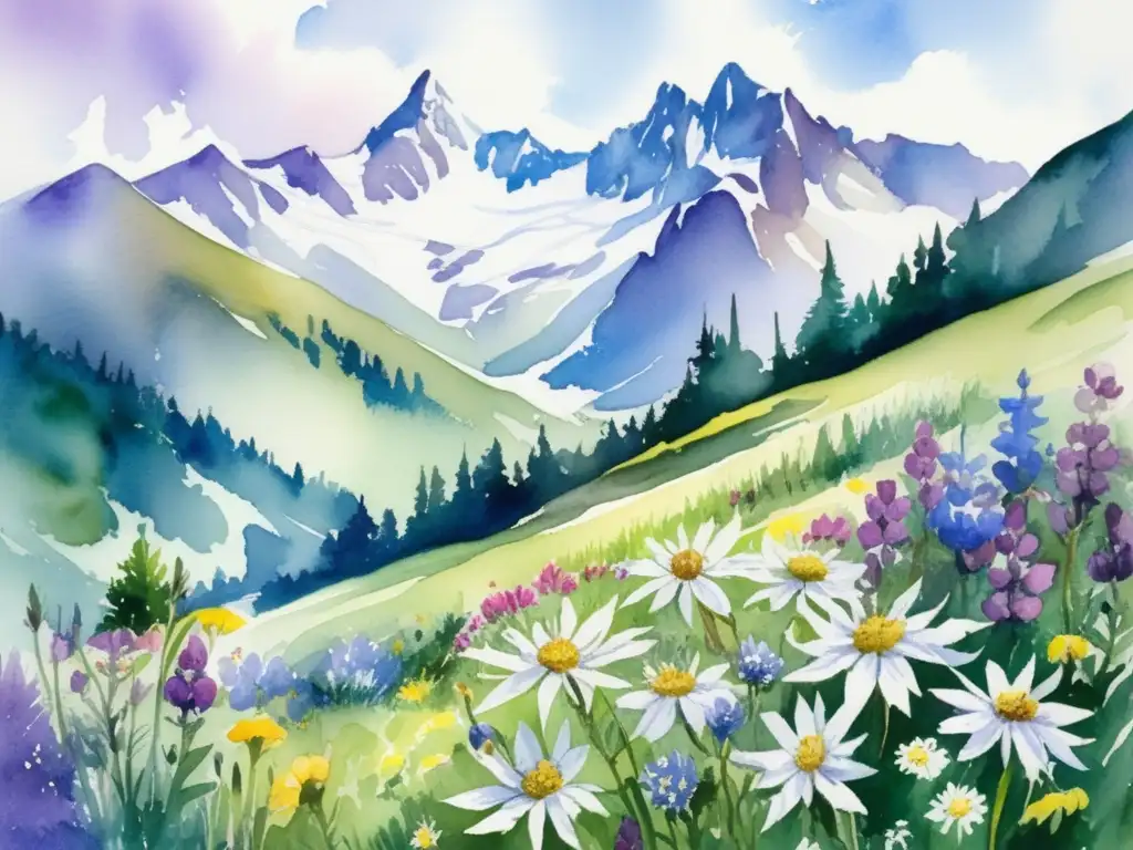 Paisaje alpino con plantas adaptadas; Edelweiss, Aster, ForgetMeNot, Avens, Arnica; montañas nevadas, arroyo cristalino