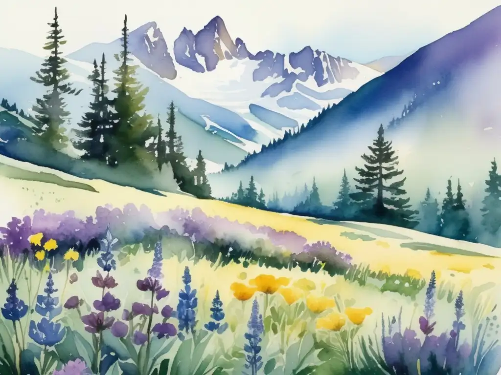 Pintura acuarela de prado alpino con adaptaciones de plantas alpinas