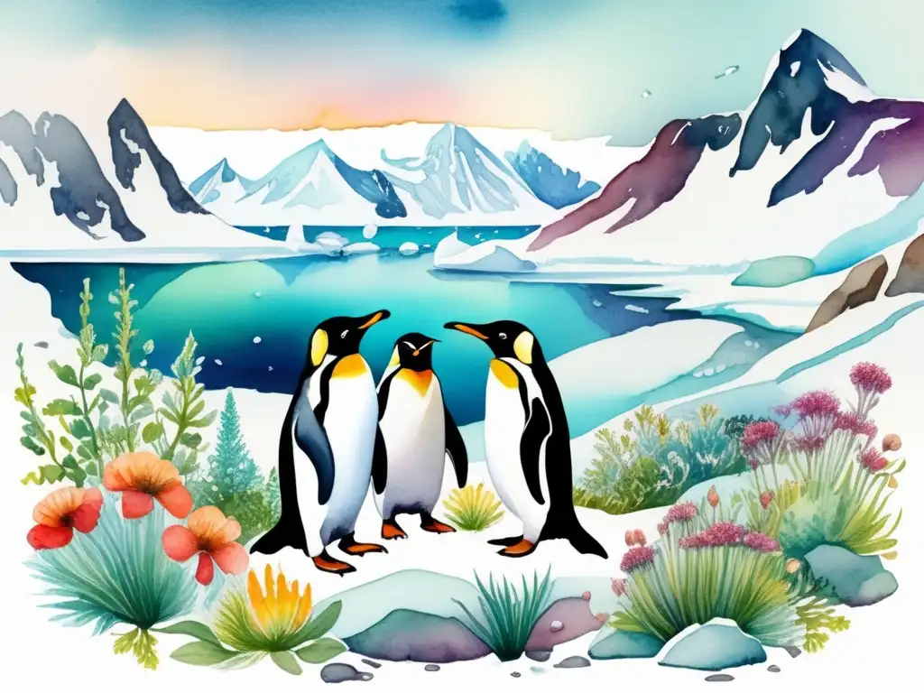 Ilustración acuarela de paisaje ártico: pingüinos interaccionando con plantas árticas -