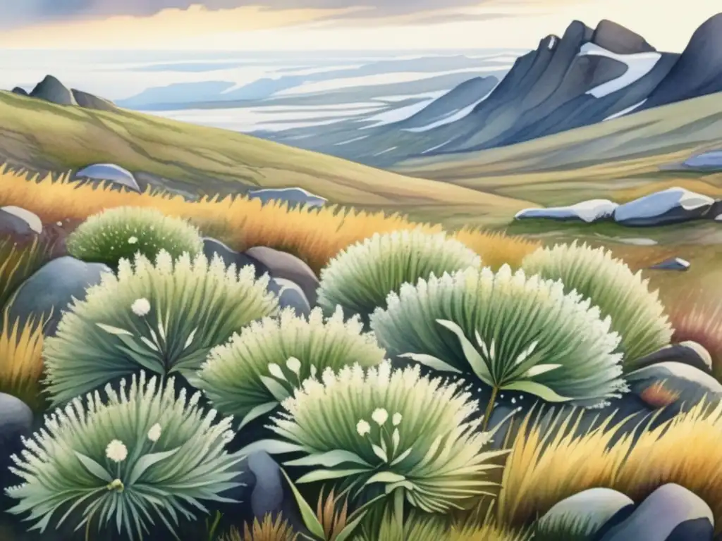 Adaptaciones morfológicas de plantas tundra en una pintura acuarela que muestra la singularidad de la flora y su resistencia