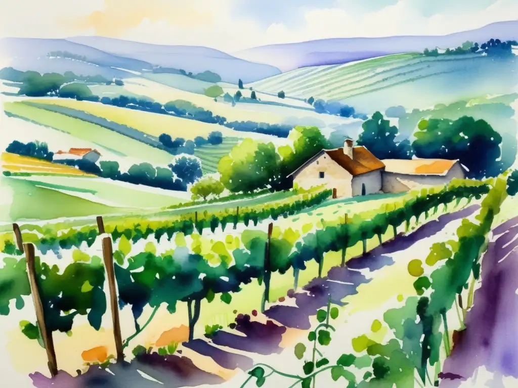 Un pintura detallada de acuarela de un hermoso viñedo en Francia, con filas de viñas verdes exuberantes que se extienden hasta el horizonte