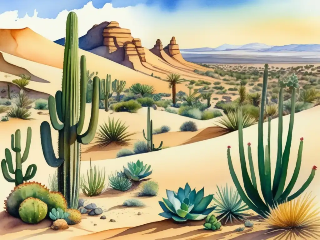 Pintura acuarela detallada, paisaje desértico con plantas xerófitas y suculentas - Importancia de las plantas en desiertos