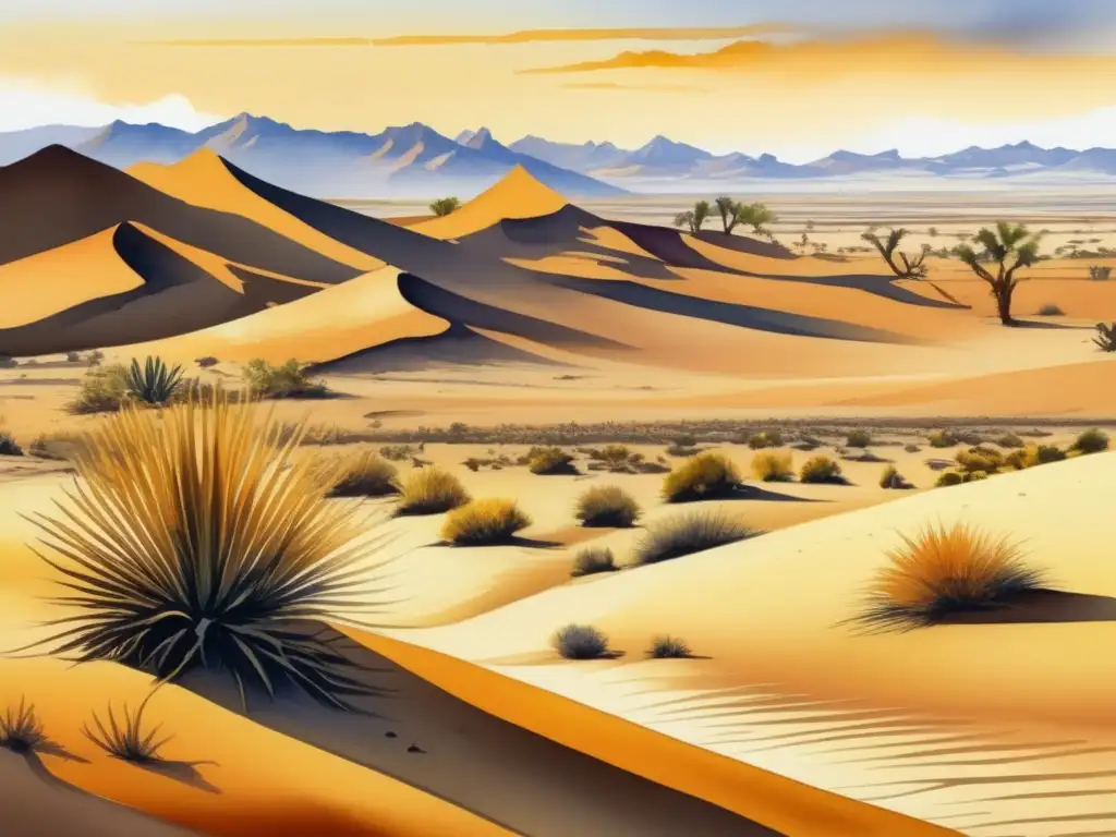 Pintura acuarela: desierto con plantas adaptadas a condiciones extremas