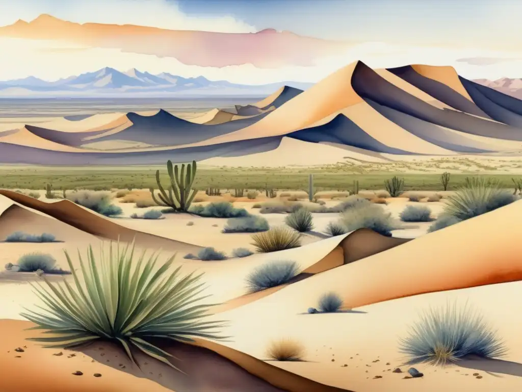 Pintura acuarela detallada de paisaje desierto, con plantas adaptadas al cambio climático