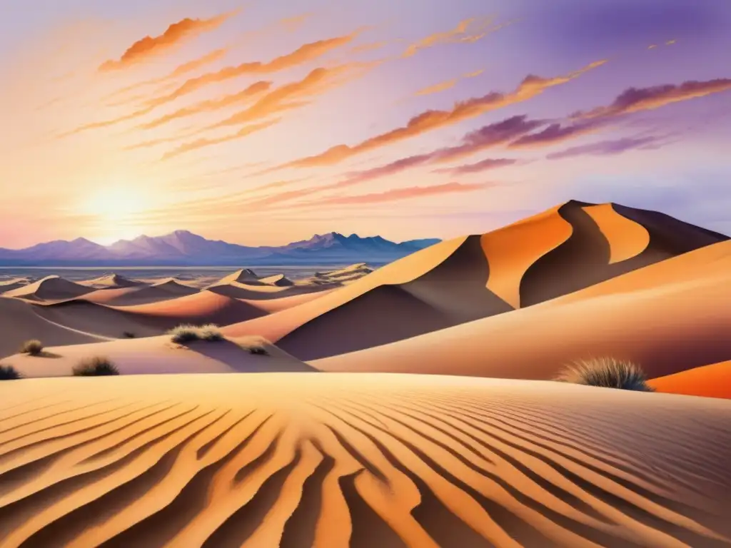 Pintura acuarela detallada de paisaje desierto con dunas de arena y plantas, resalta fragilidad y cambio climático