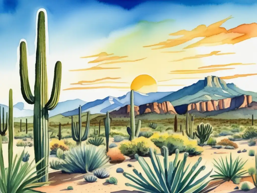 Pintura acuarela detallada del Desierto de Sonora, con su flora única y paisaje árido