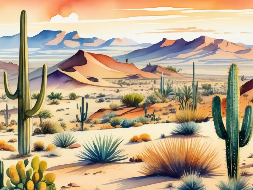 Importancia plantas desierto equilibrio ecológico: Ilustración detallada acuarela de un vibrante paisaje desértico