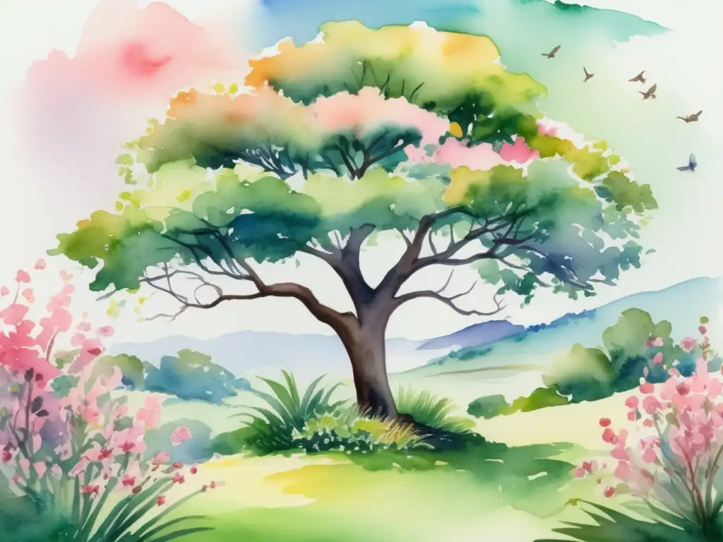 Paisaje exuberante con árbol florido Paisaje exuberante con árbol en flor y técnicas de estudio fenológico de plantas