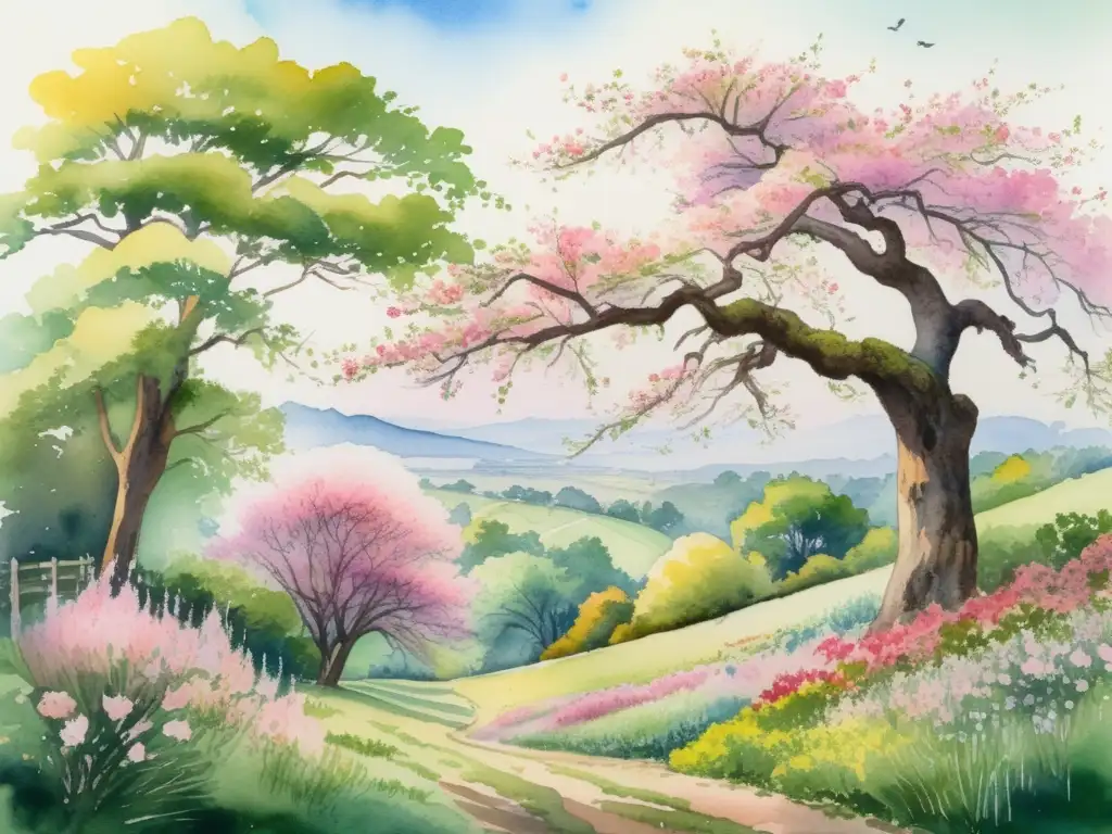 Pintura acuarela detallada de paisaje exuberante con árboles, flores y río