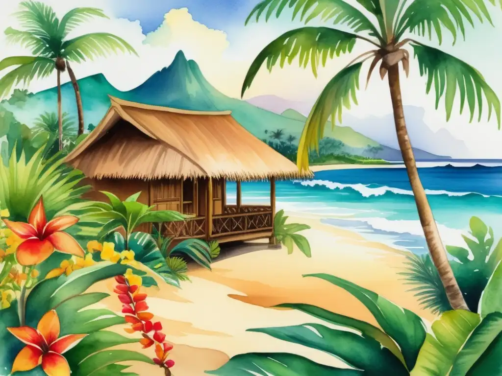 Pintura acuarela vibrante de paisaje hawaiano con plantas medicinales: Ritos y usos