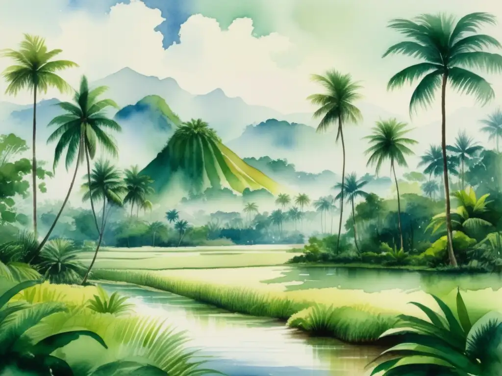 Pintura acuarela paisaje Indonesia: Impacto económico cultivos aceite palma