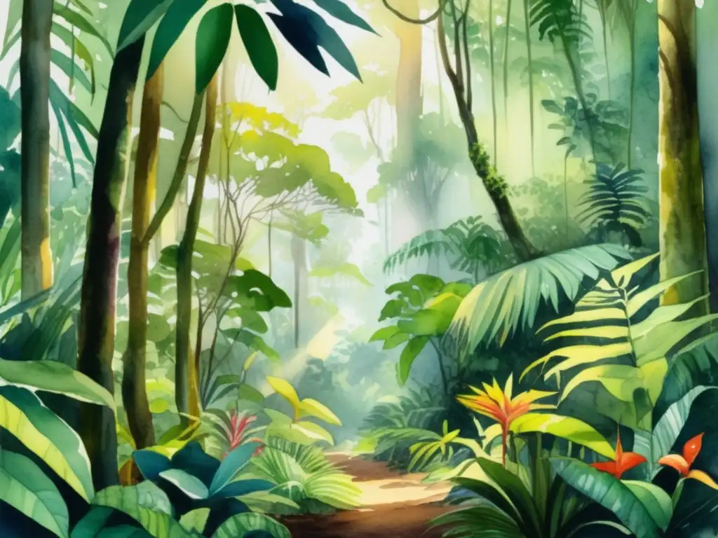 Pintura acuarela: exuberante selva con flora y fauna diversa