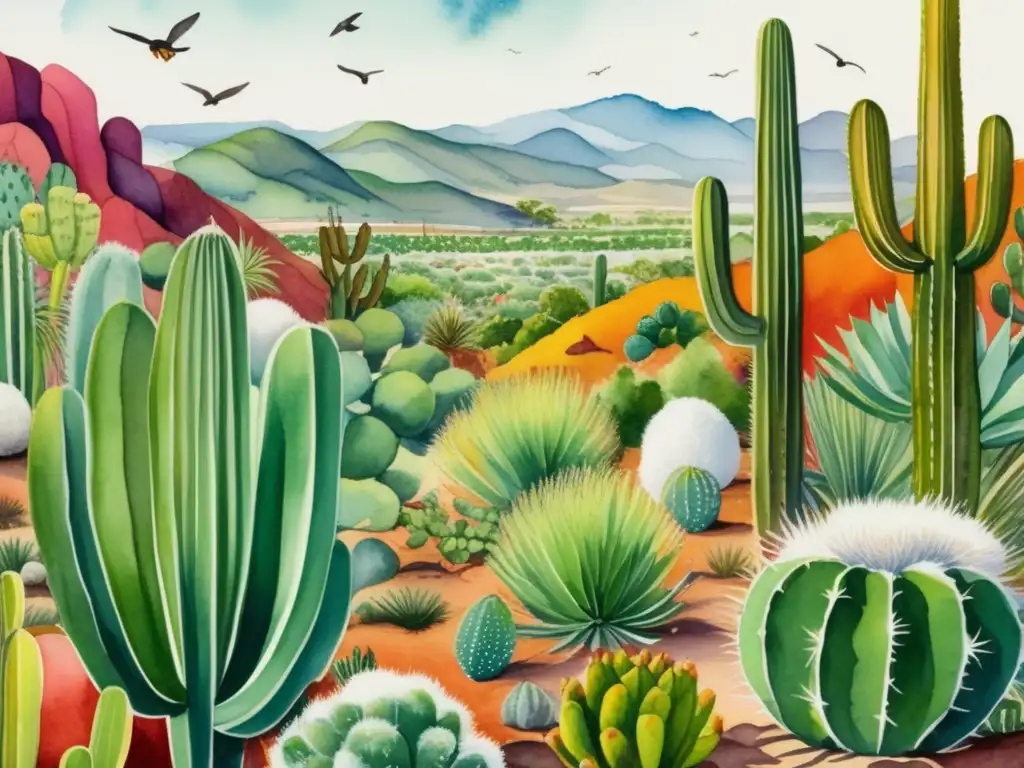 Ilustración detallada muestra paisaje mexicano con cochinilla afectando flora local