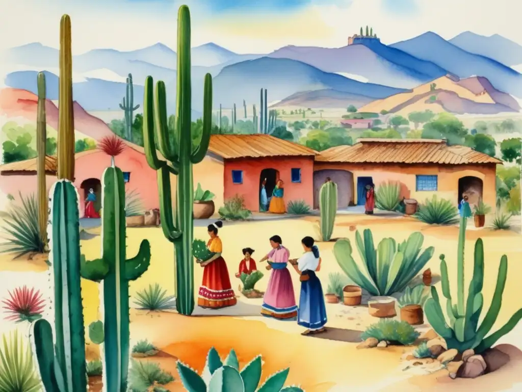 Paisaje mexicano con cactus y mujeres extrayendo sapo - Usos tradicionales de los cactus en la cultura mexicana