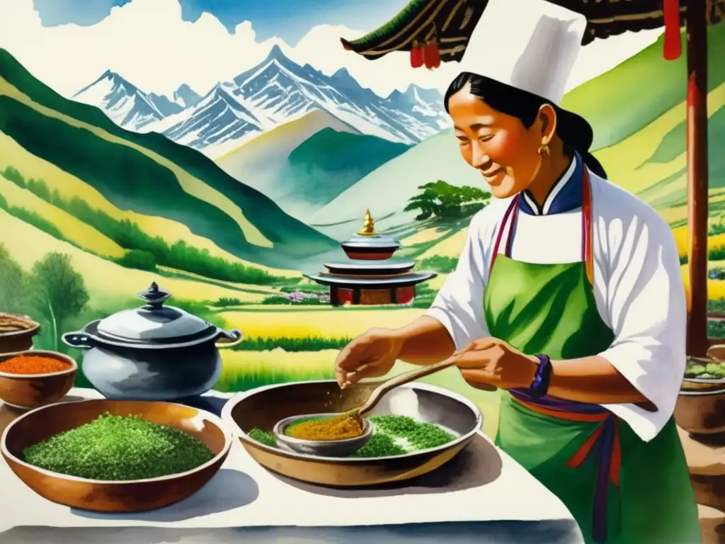 Pintura acuarela de paisaje montañoso en Tibet con cocina tibetana y enebro tibetano (110 caracteres)