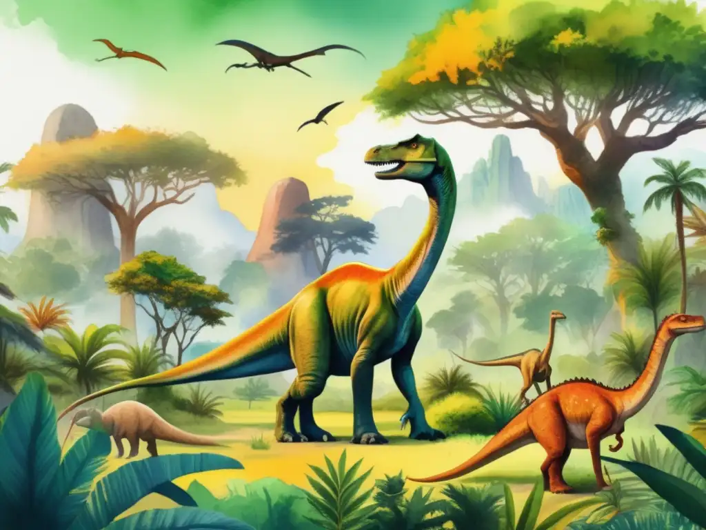 Ilustración acuarela detallada de paisaje prehistórico con plantas vibrantes y dinosaurios coexistiendo - Plantas prehistóricas y su evolución