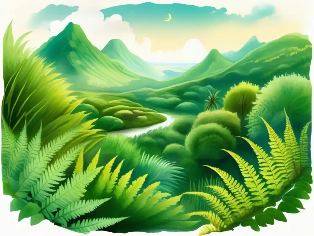 Paisaje antiguo con plantas más antiguas del mundo (110 caracteres)