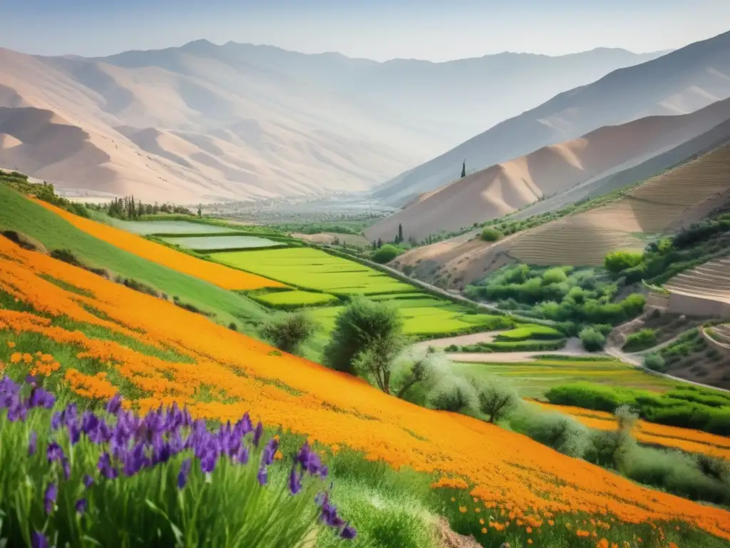 Azafrán en Irán: paisaje pintoresco con flores de azafrán y terrazas cultivadas