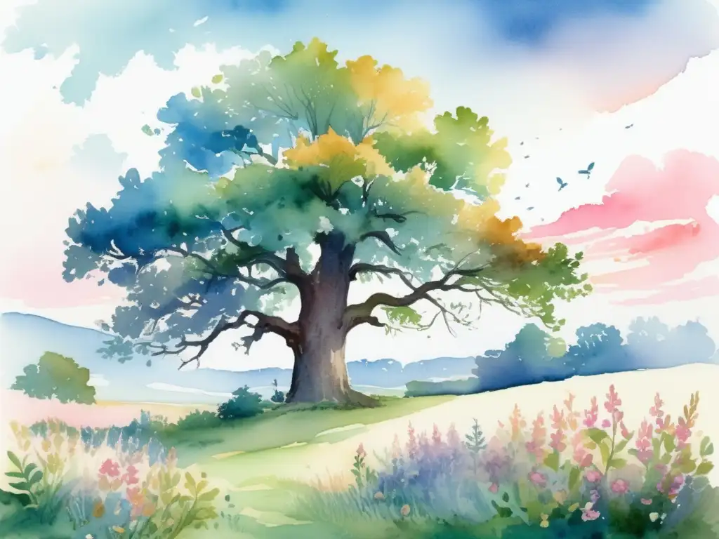 Impacto cambio climático en ciclos de florecimiento: ilustración acuarela de paisaje sereno con árbol majestuoso y flores coloridas