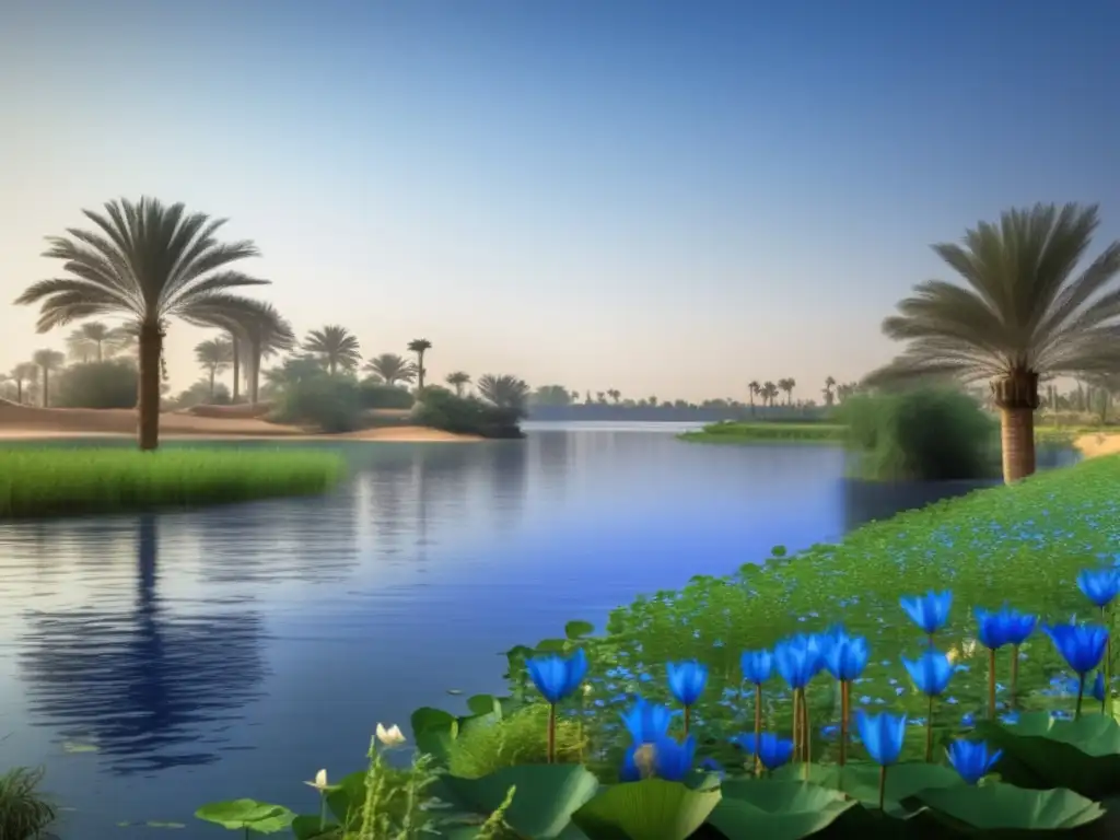 Paisaje sereno de Egipto con el río Nilo, flores de loto azul y pirámides majestuosas