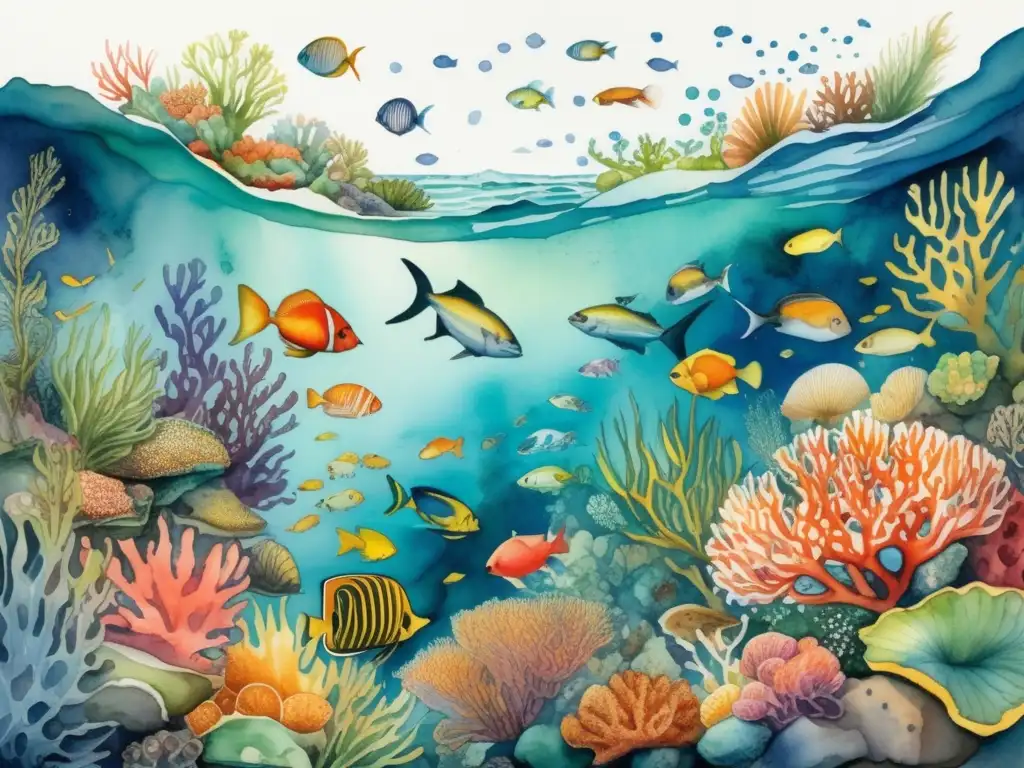 Impacto cambio climático en flora oceánica: escena acuática vibrante, coral, peces y algas en pintura acuarela