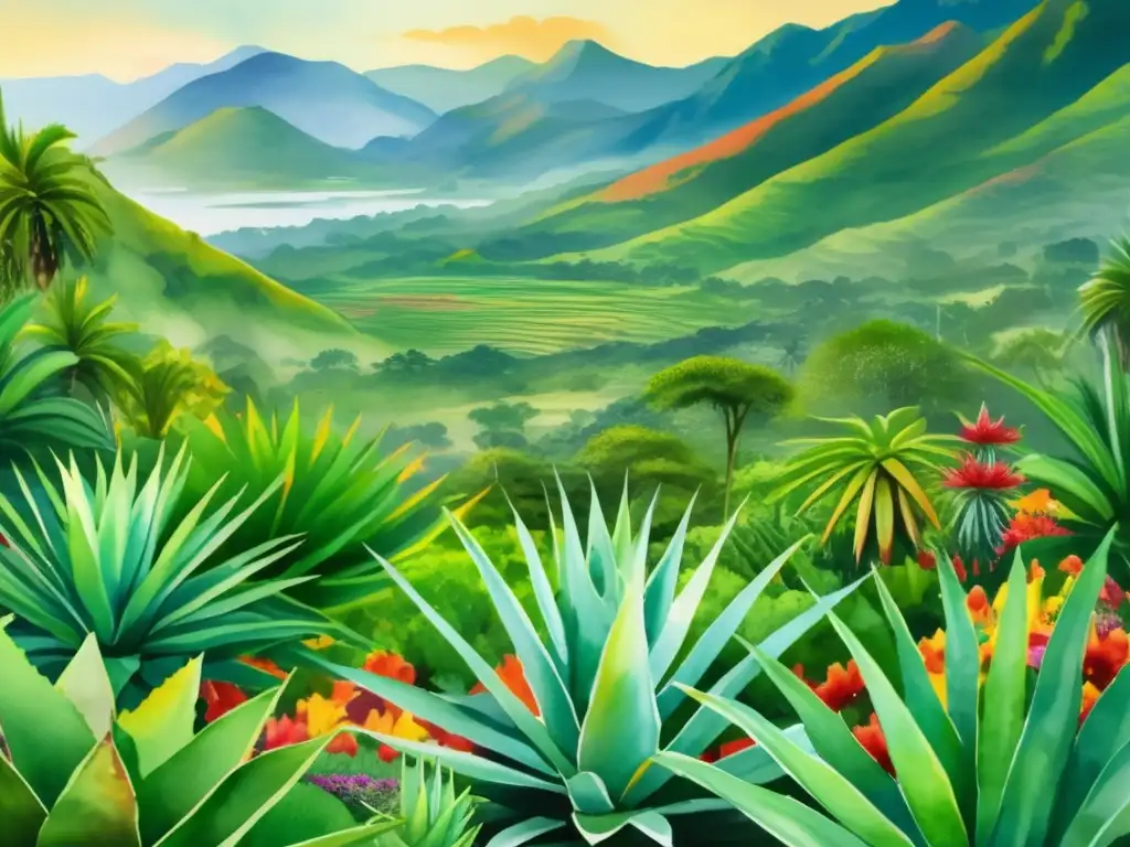 Paisaje tropical con aloe vera y biodiversidad en América Latina