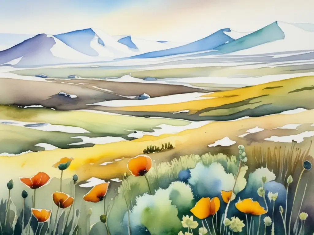 Adaptaciones de plantas tundra al frío: pintura vibrante de paisaje con poppies amarillos, arbustos y árboles nevados