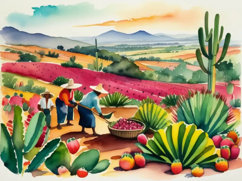 Paisaje vibrante de México con cochinilla, flora y economía local