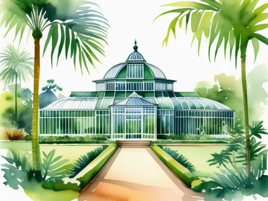 Pintura acuarela del icónico Palm House en Jardín Botánico Kew