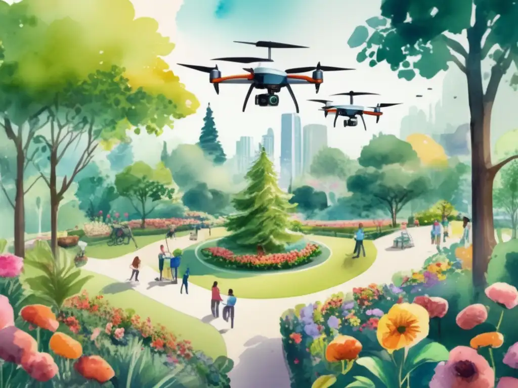 Beneficios de drones en jardinería en parque público con naturaleza exuberante y equipos coloridos de drones volando