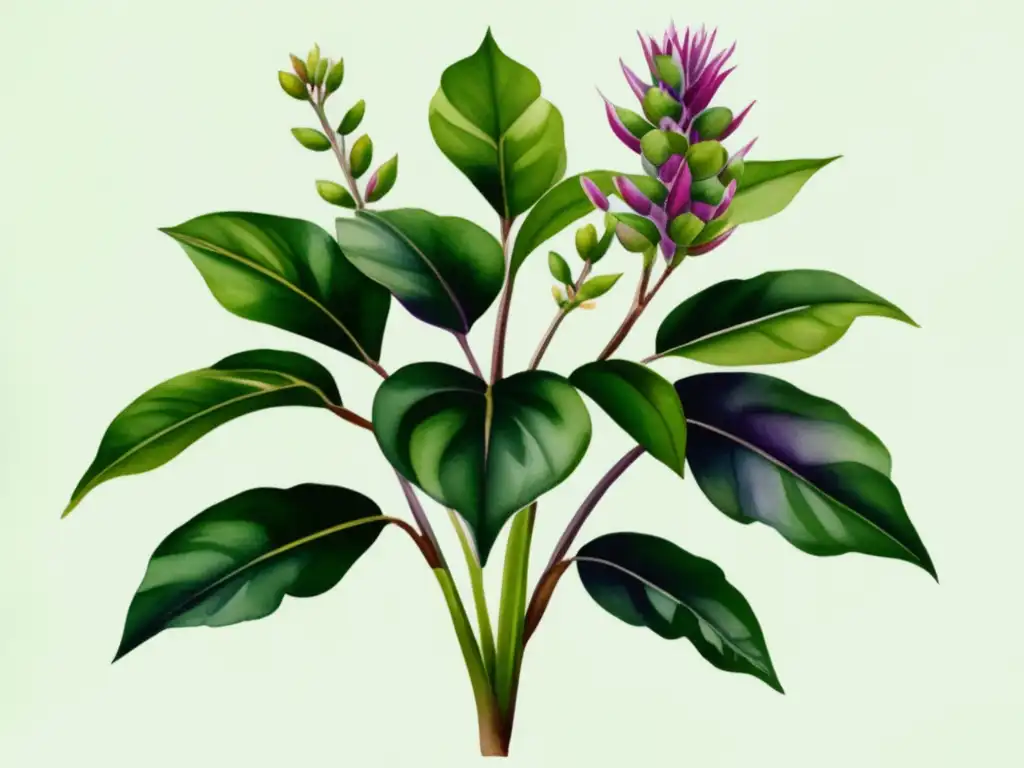 Beneficios medicinales de la Pata de Vaca en vibrante imagen acuarela: planta en flor, hojas verdes, flores moradas y blancas