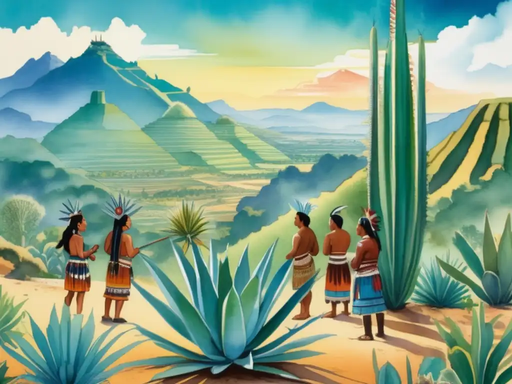 Pintura acuarela muestra escena vibrante de la era prehispánica con Agave Azul: Usos medicinales