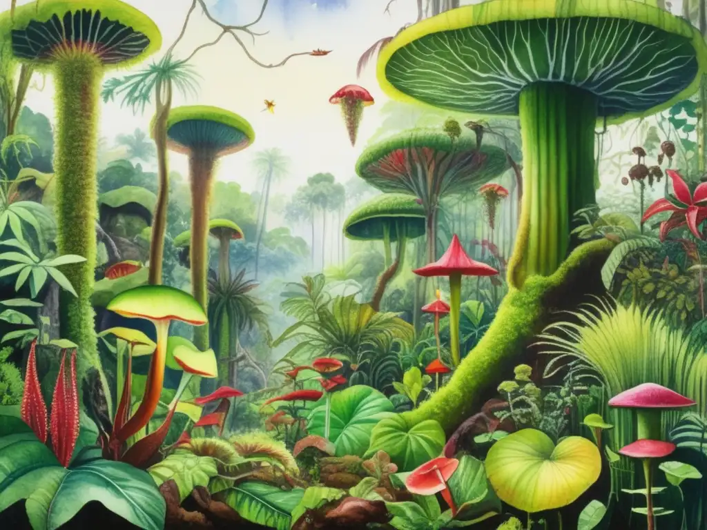 Pintura acuarela detallada de una exuberante selva tropical con plantas carnívoras - Importancia de las feromonas en plantas carnívoras