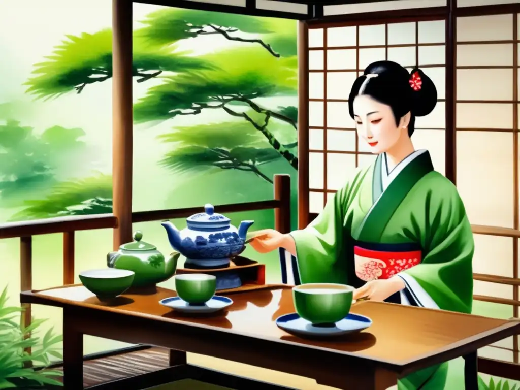 Pintura acuarela: ceremonia té japonesa en casa tradicional rodeada de naturaleza: té, kimono, jardín, bonsái, sakura, camino piedra, estanque koi