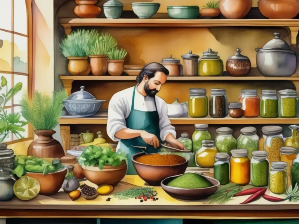 Renacimiento: escena cocina con plantas, colores vibrantes y detalles intrincados