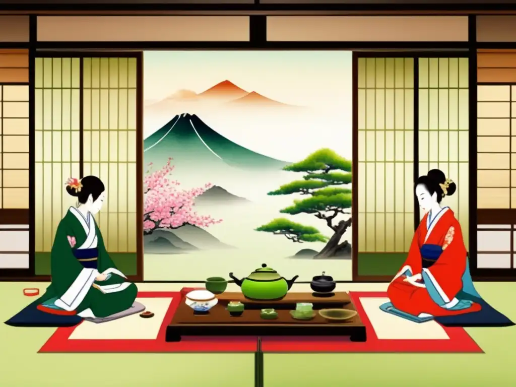 Ceremonia del té japonesa en una sala tradicional con detalles intrincados y participantes en posición seiza