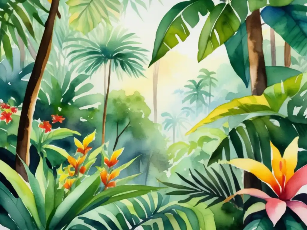 Pintura acuarela de bosque tropical con plantas en peligro