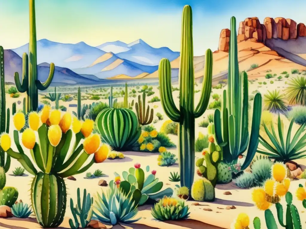 Pintura acuarela 8k de paisaje desértico con cactus y suculentas - Usos medicinales de cactus y suculentas