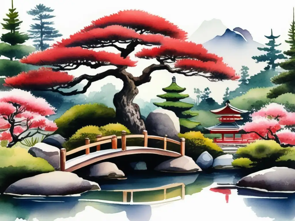 Pintura acuarela de jardín japonés con bonsái Pino Rojo Japonés