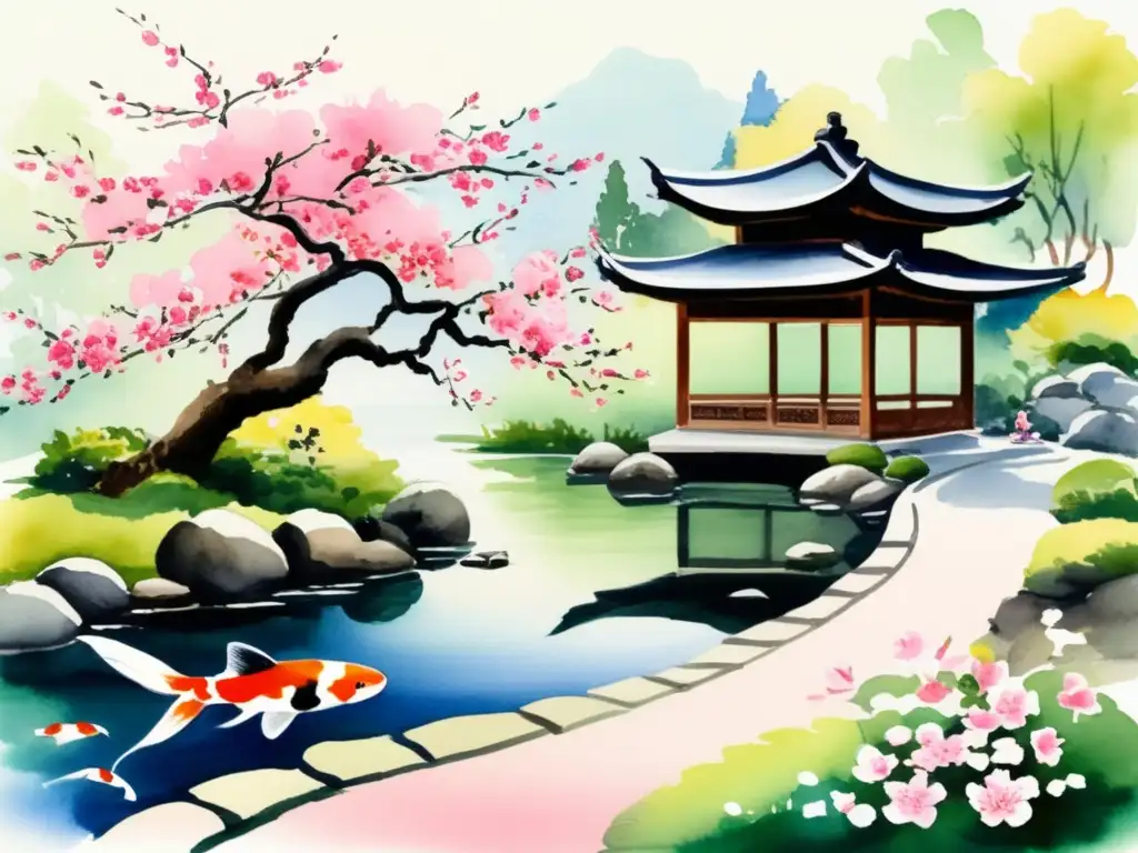 Pintura acuarela: jardín oriental sereno - Significado plantas arte oriental